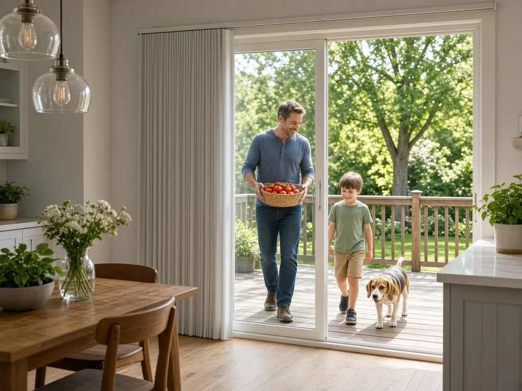 A dad, his son and a beagle stand at a sliding patio door with light gray vertical blinds stacked to one side